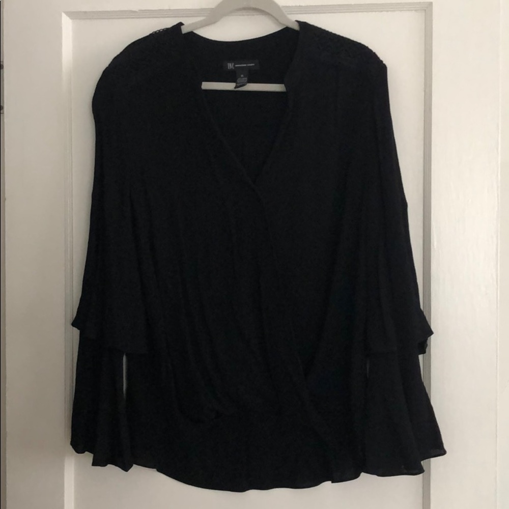 INC International Concepts Black Wrap-Front Blouse with Tiered Bell Sleeves